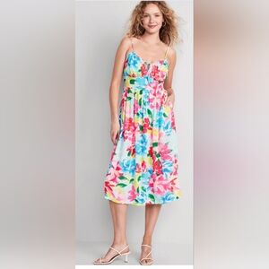 Old Navy Fit & Flare Floral Smocked Midi Cami Dress Watercolor Blue Sz XL Pocket